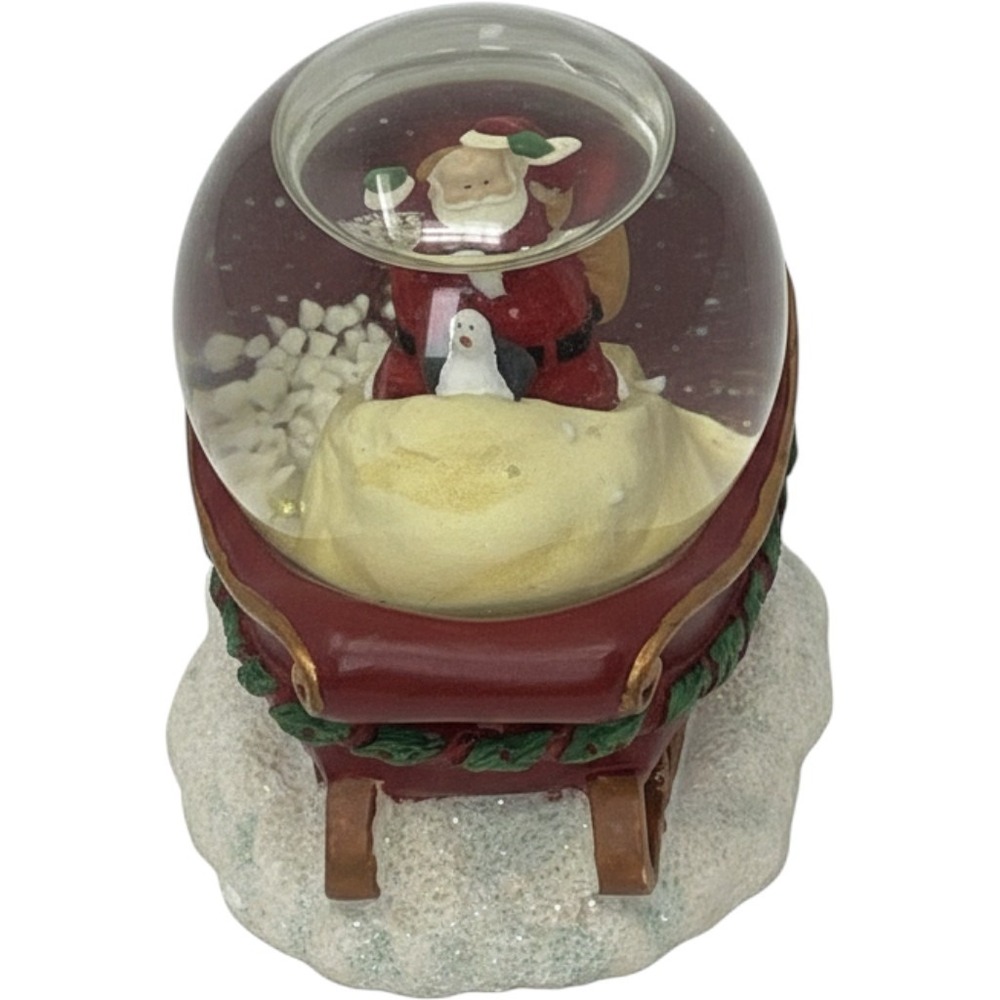 Russ Berrie Santa Penguin in Sleigh Mini Snow Globe Christmas Decor Hand Painted